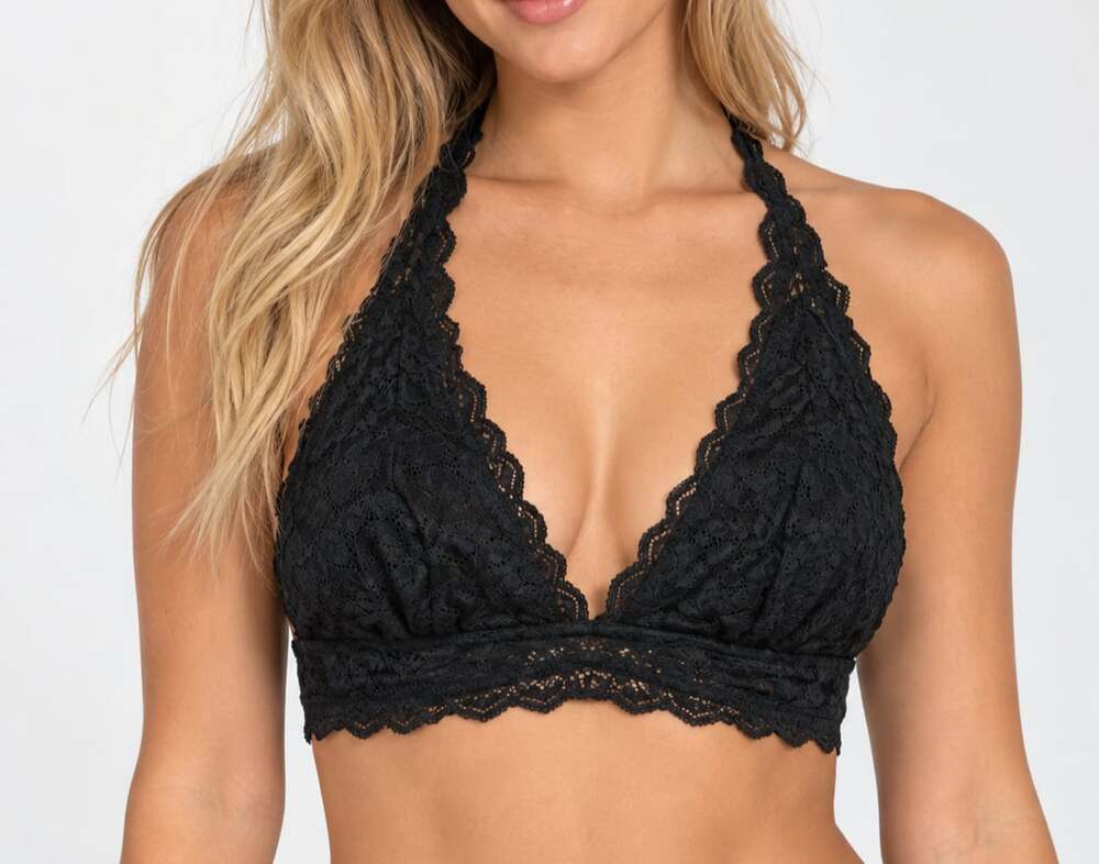 Auden Black Floral Lace Halter Bralette Scalloped V-Neck Bra